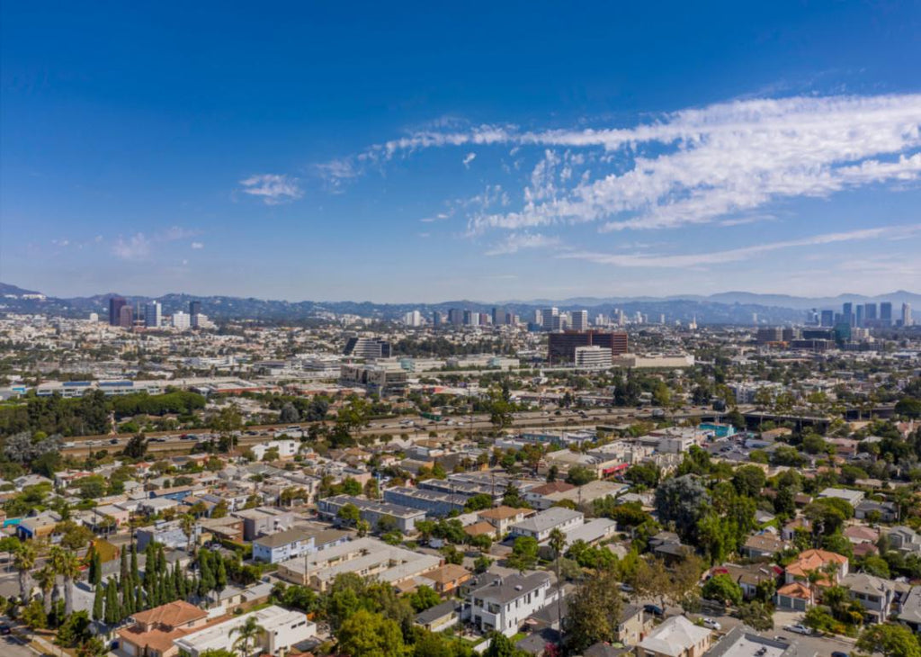 A bird's eye view of West Hollywood, California on a clear sunny day.