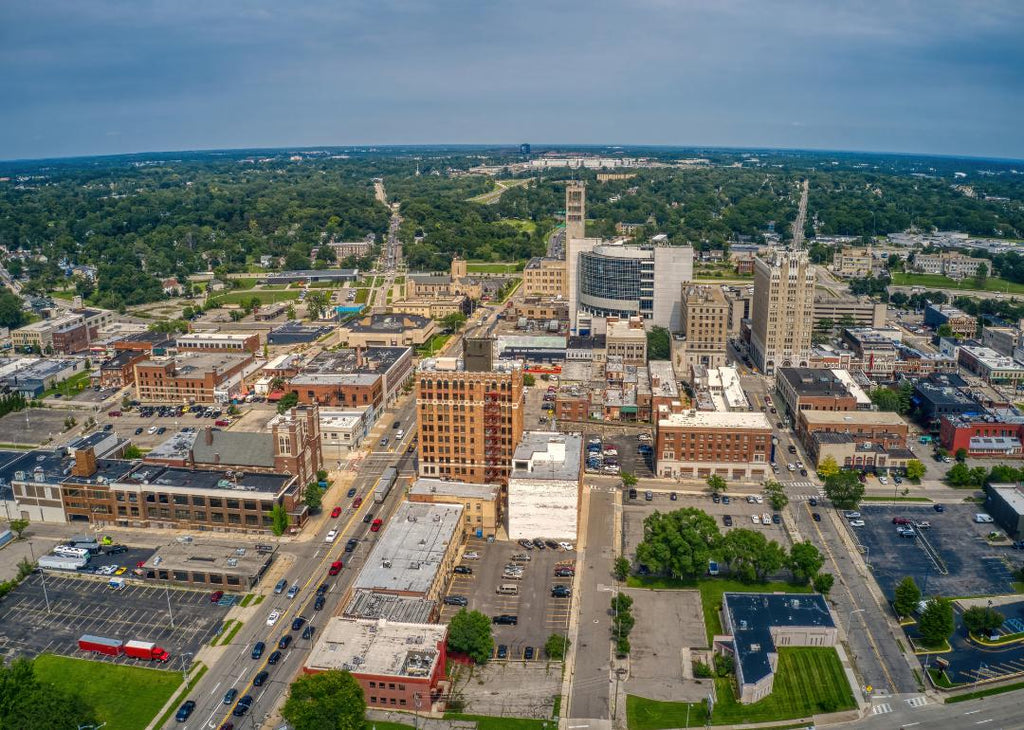 A bird's eye view of Pontiac, Michigan on a sunny day.