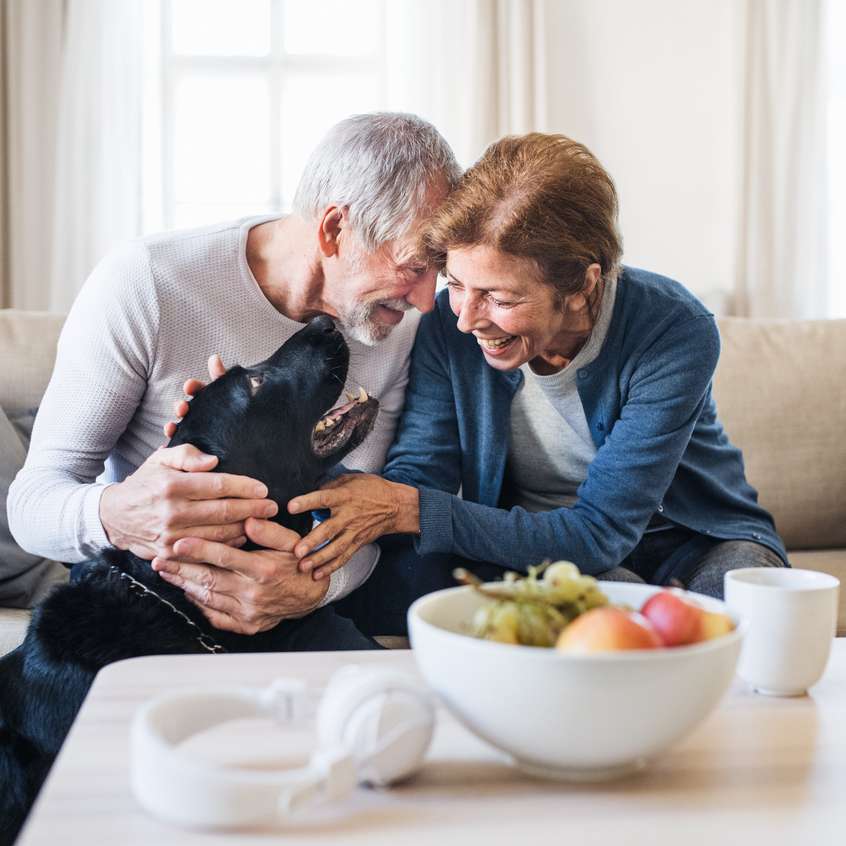 Older happy man and woman embracing a black dog.