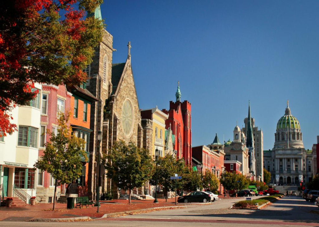 A historical street in Harrisburg, Pennsylvania on a sunny fall day.
