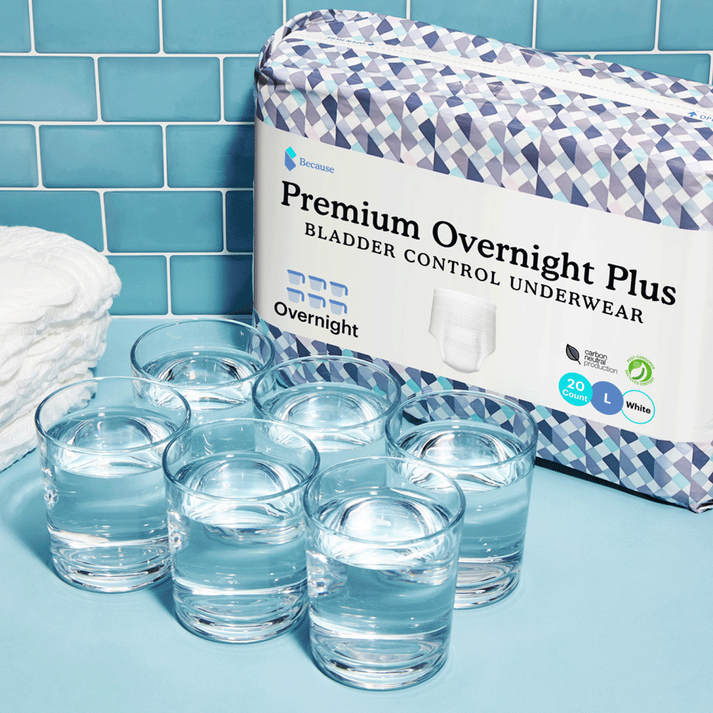 Because Premium Overnight Plus Bladder Control Underwear placed on a bathroom counter top with 6 cups of water in front of it representing how much liquid the underwear holds.