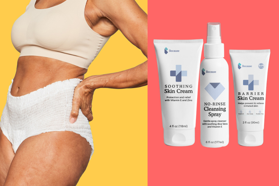 A split image with one side showing a model in Because Market protective underwear and the other showing Because Market skincare products.