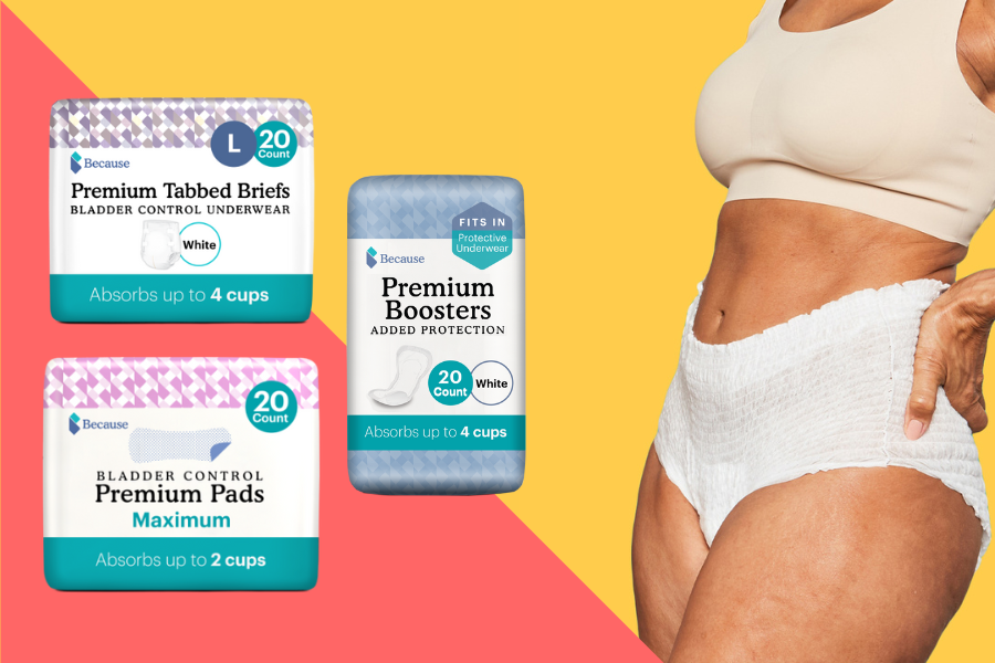 A graphic with three Because Market product images and a model wearing Because Market incontinence underwear.