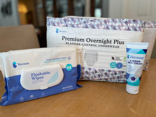 Overnight underwear with wipes and barrier cream