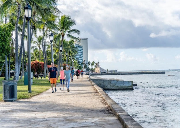 A pedestrian sidewalk lining the beach of Honolulu