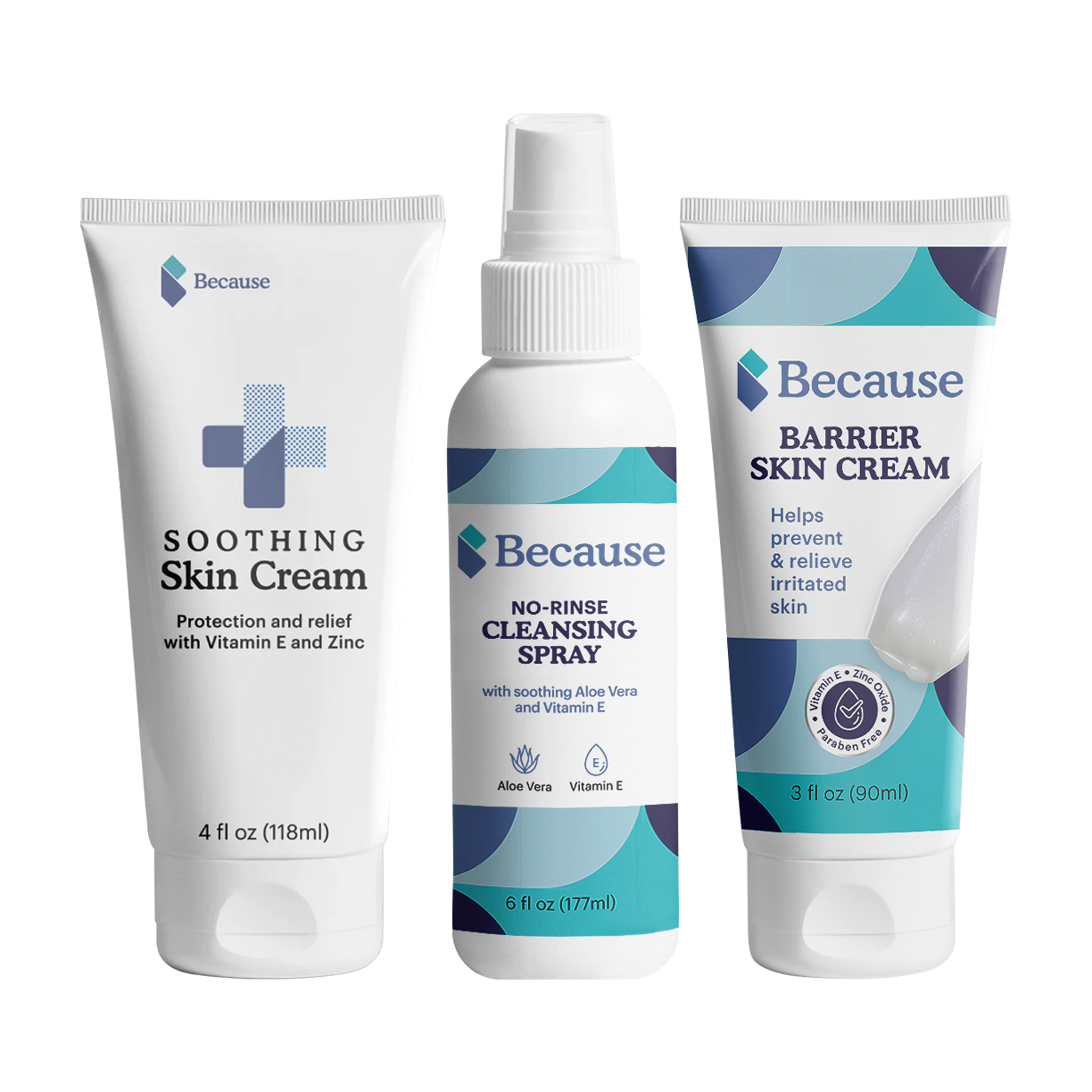 Because Market Soothing Cream, No-rinse spray, and barrier cream sample products. White background.
