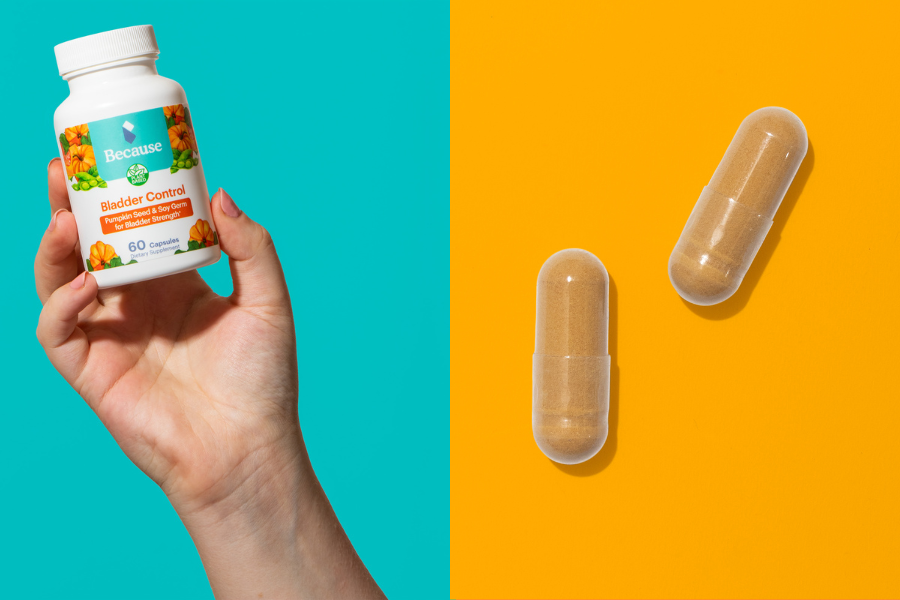 A hand holds a bottle of Because Market Bladder Control Supplements and two supplements sit on an orange background.