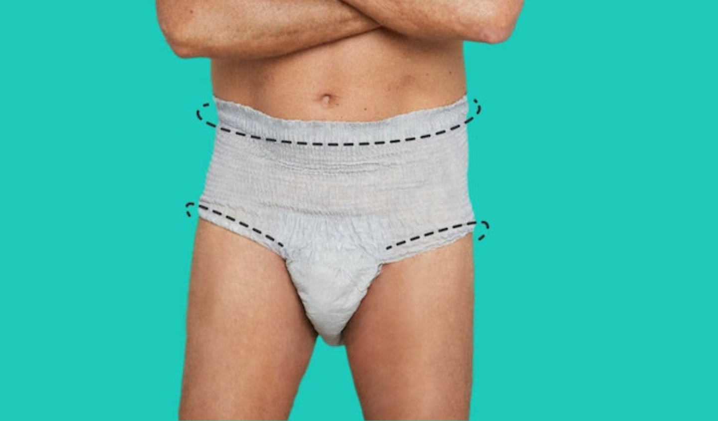 A man stands wearing Because Market incontinence underwear with arrows demonstrating where fit matters to prevent leakage.