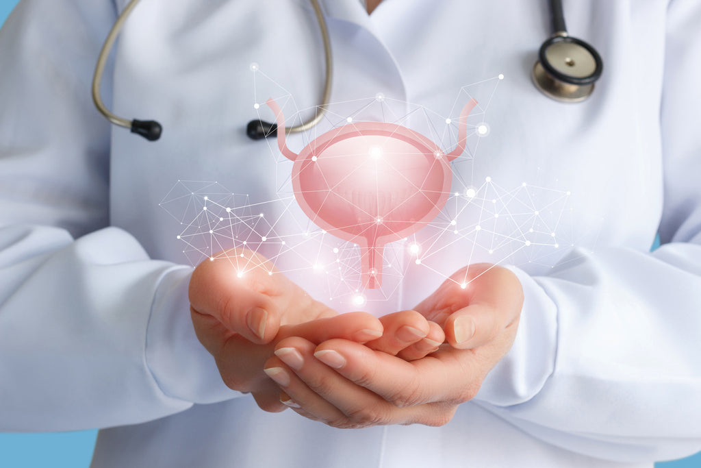 An image of a medical professional with a superimposed graphic of a bladder.