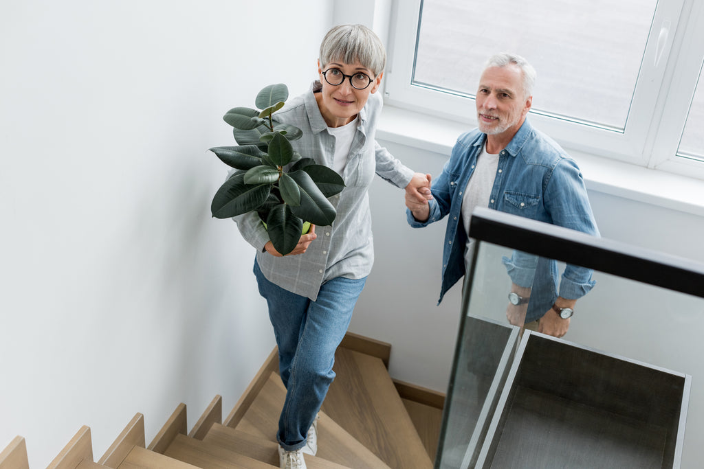 Woman holding man's hand up the stairs