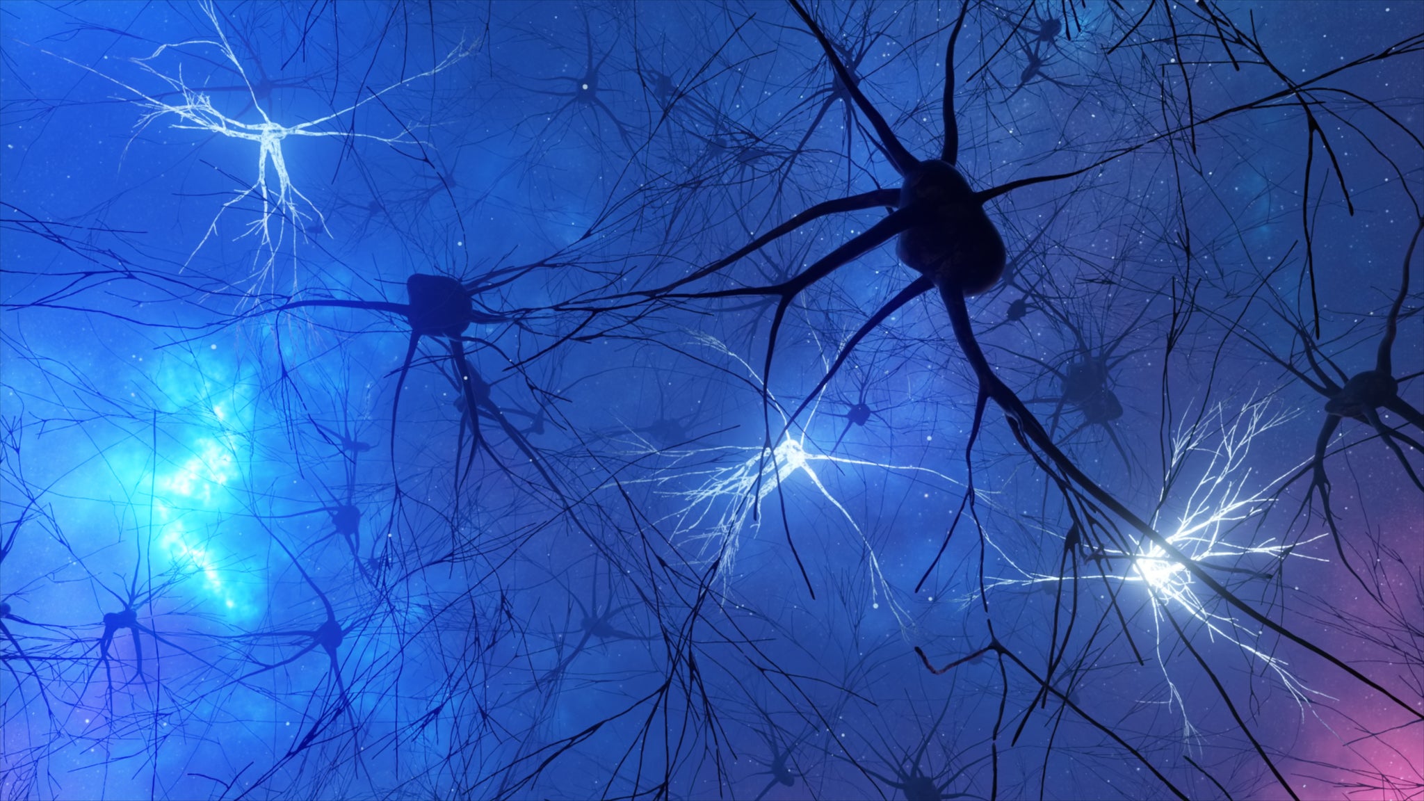 3d illustration of the activity of neurons and synapses. Neural connections in outer space, radioactivity, neurotransmitters, brain, axons. Electrical impulses transmitting signals. Mind concept.