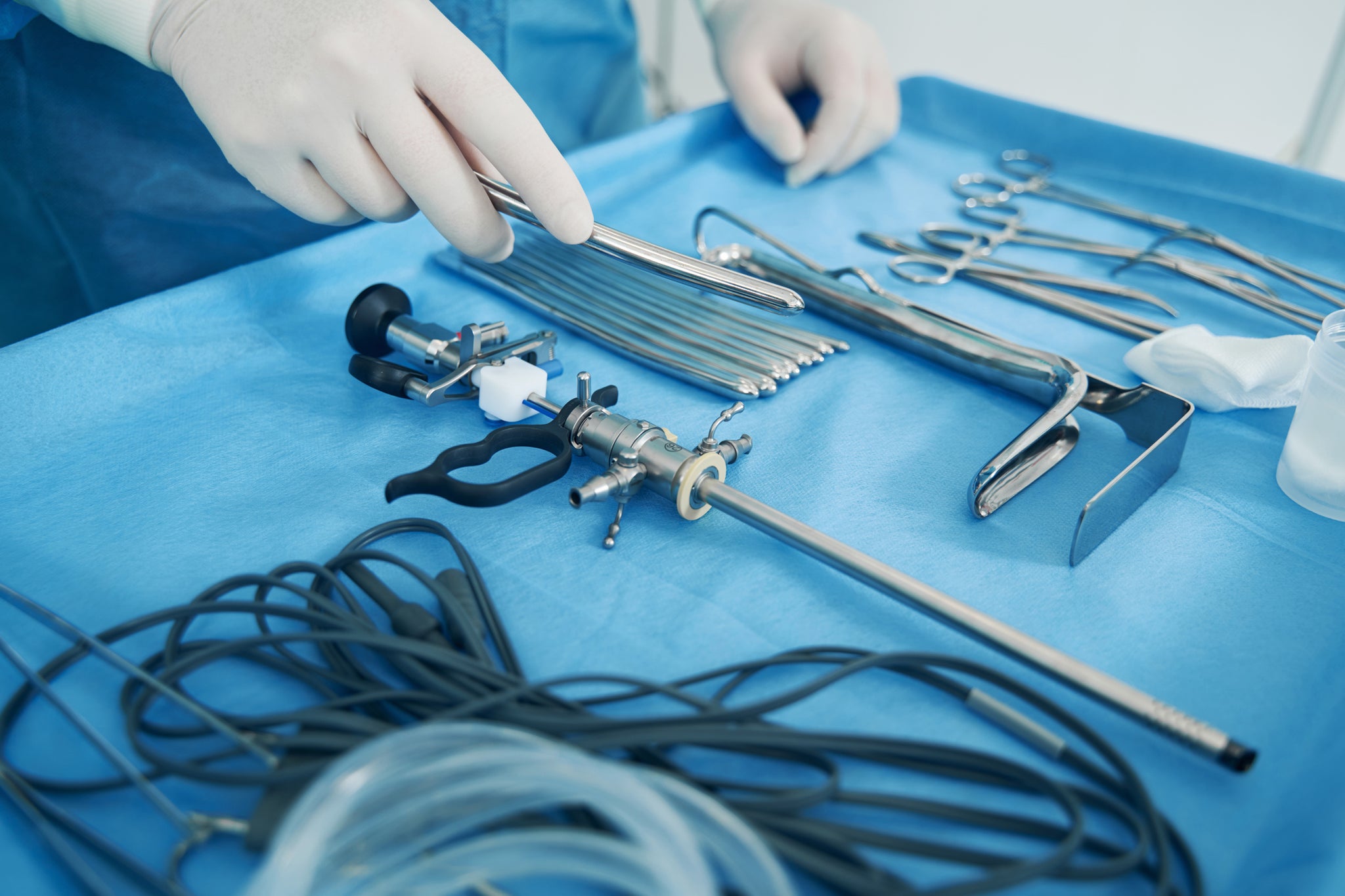 Instruments for urogynecological procedures laid out.