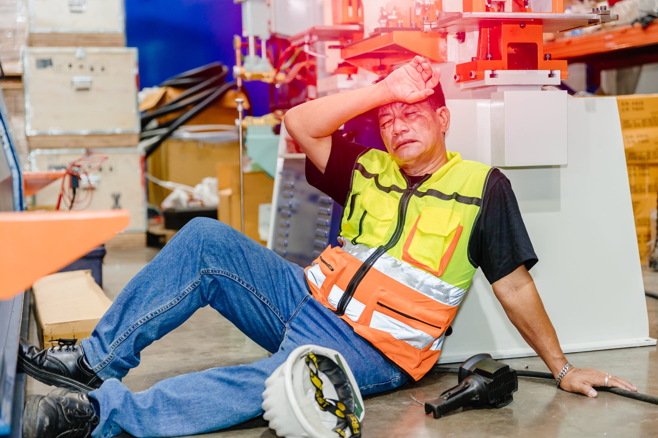 A man in a construction uniform laying on the ground.