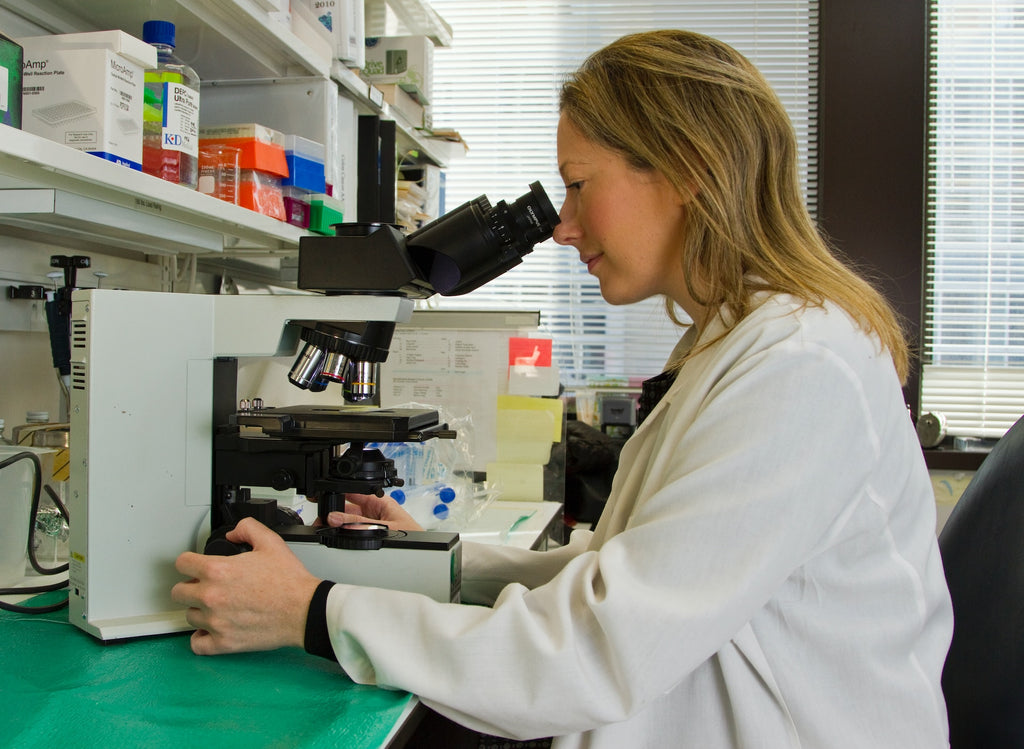 A lab technician sits at a desk in a clinical laboratory while looking in a microscope.