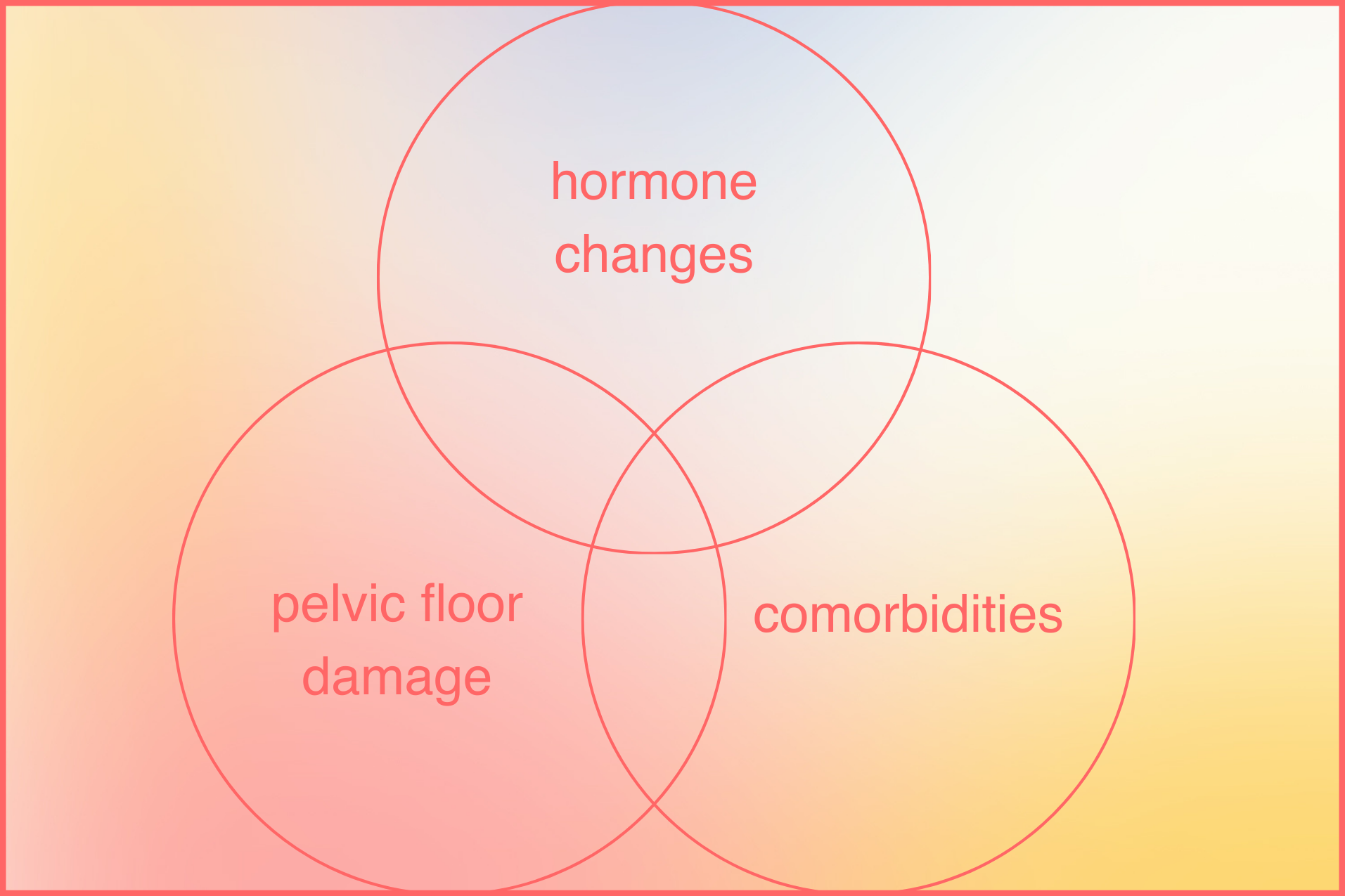 A graphic with three circles and text that reads "hormone changes", "pelvic floor damage", and "comorbidities".
