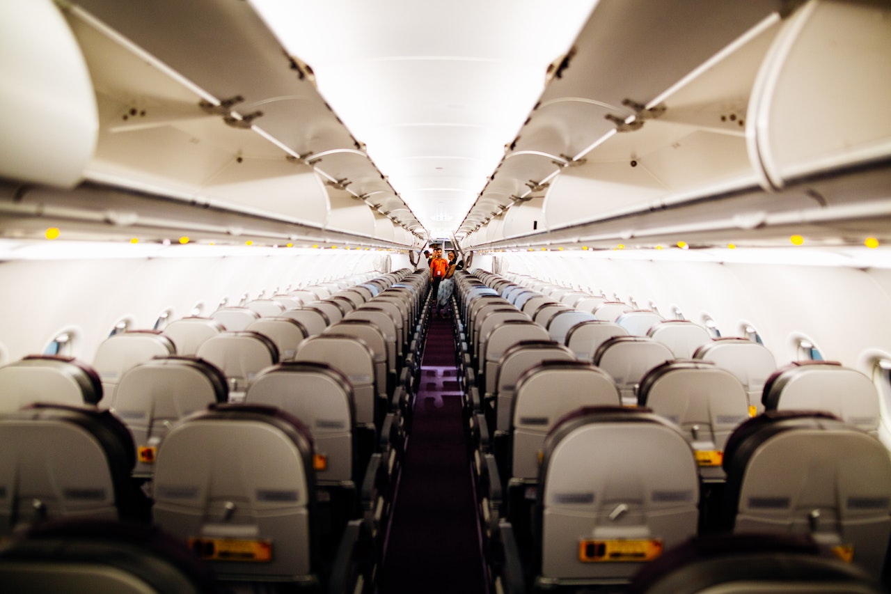 A shot of an empty commercial airplane.