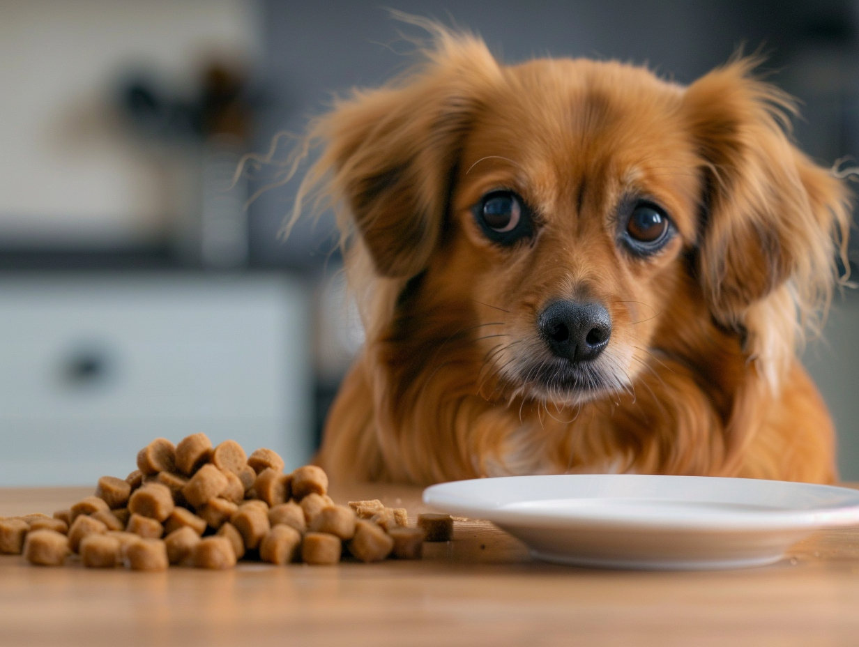 a dog with a puzzled look on its face while its owner is considering how long it takes for dry dog food to go bad