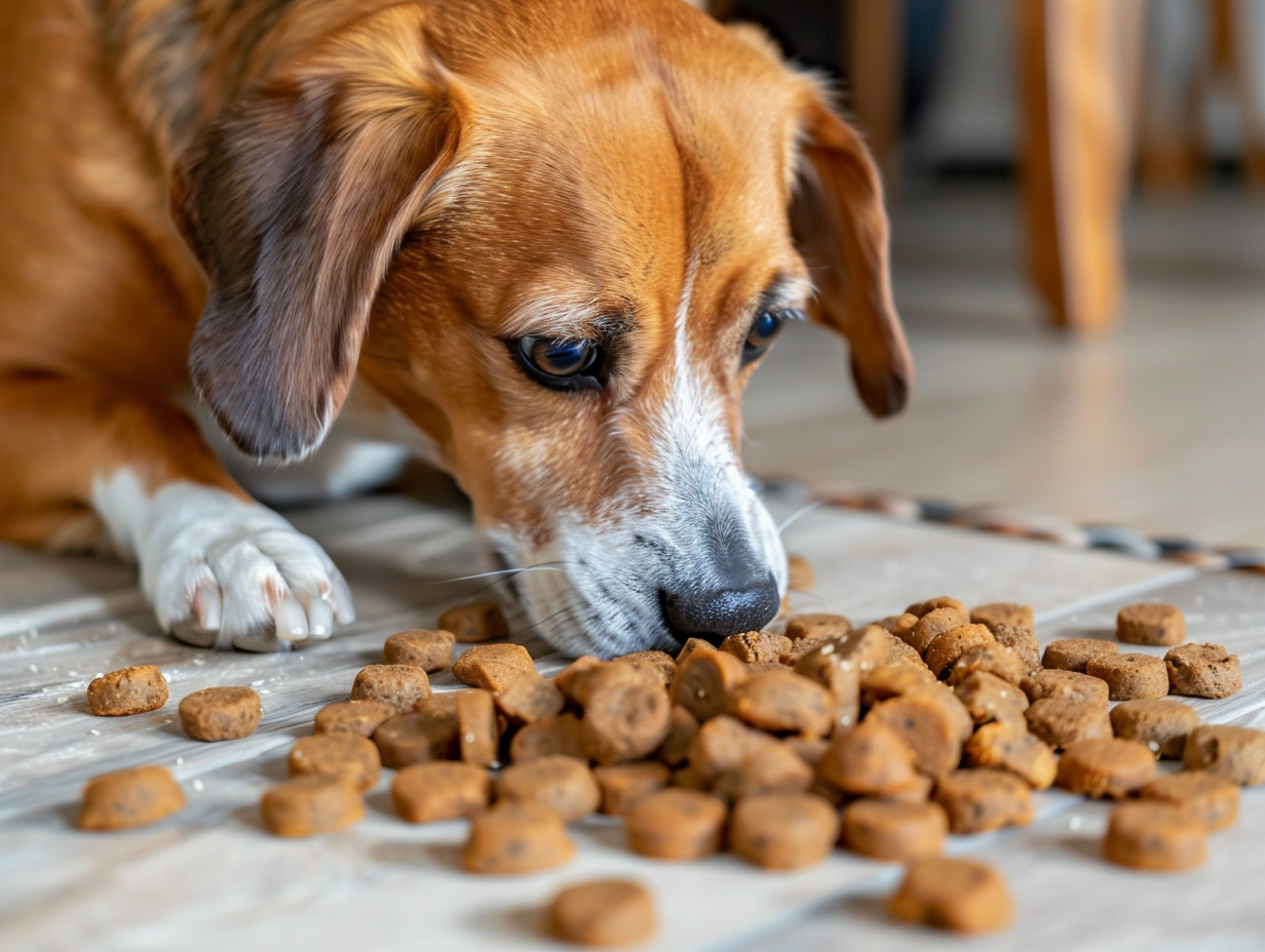 a photo of a dog eating dry dog food off of the floor