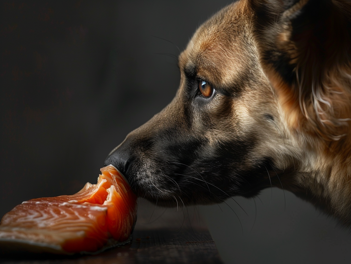 a photo of a dog holding a filet of salmon against its nose
