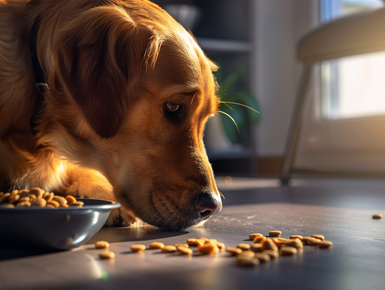 a photo of a dog looking at dry dog food that is on the ground