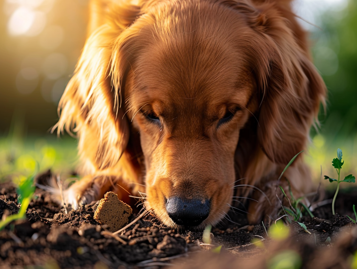 a photo of a dog sniffing food after it has been buried in the ground