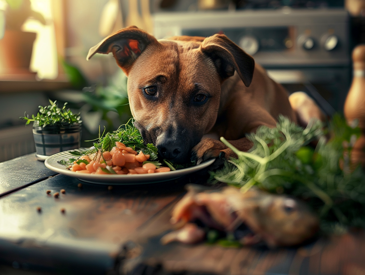 a photo of a dog with a plate of iron-rich foods