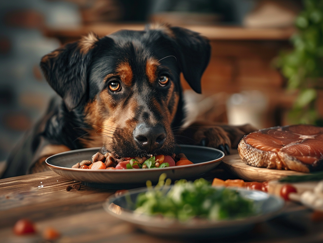 a photo of a dog with its head on a plate considering foods high in iron