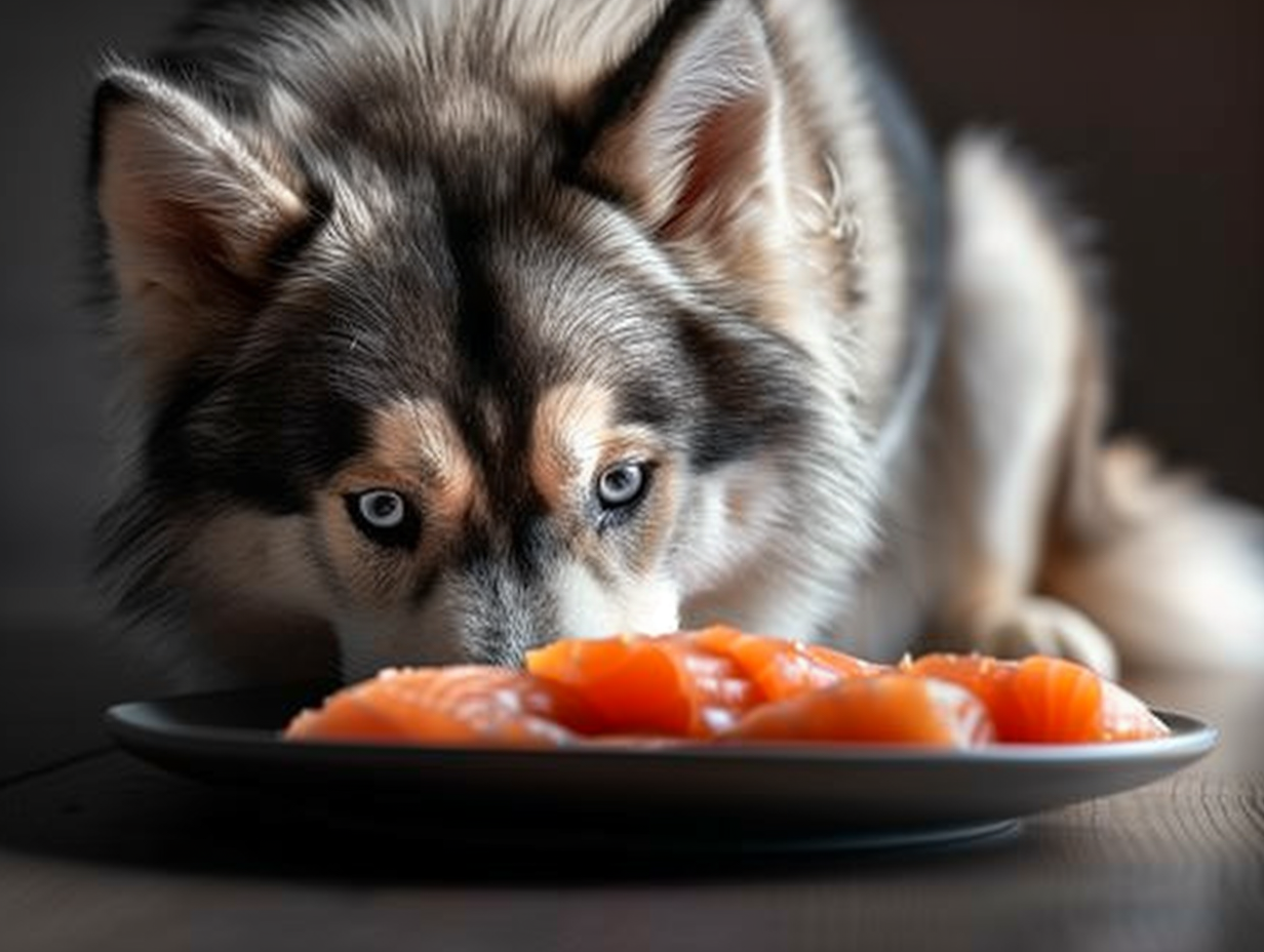 a photo of a husky looking at a plate of salmon