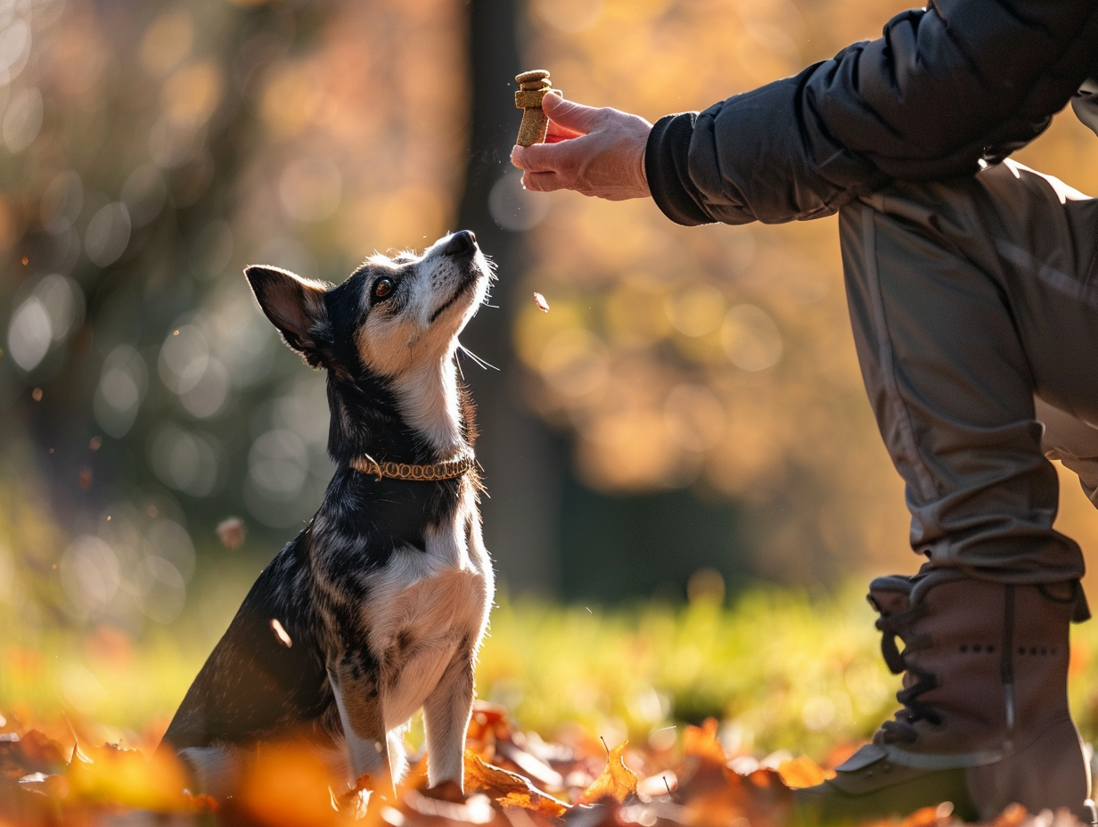 a photo of a man handing a dog treats to train it to become more food motivated