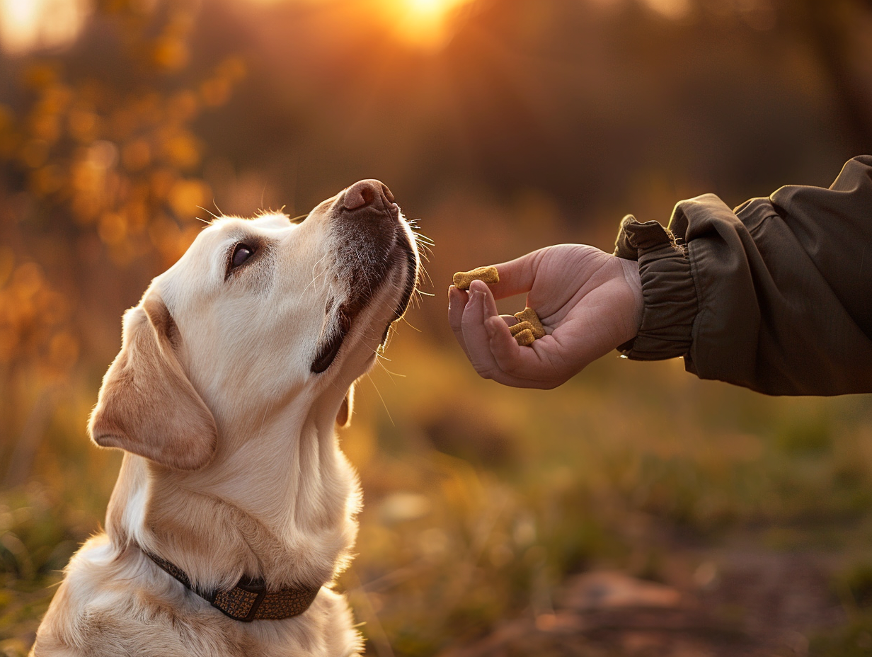 a photo of a person giving a dog a treat to train it