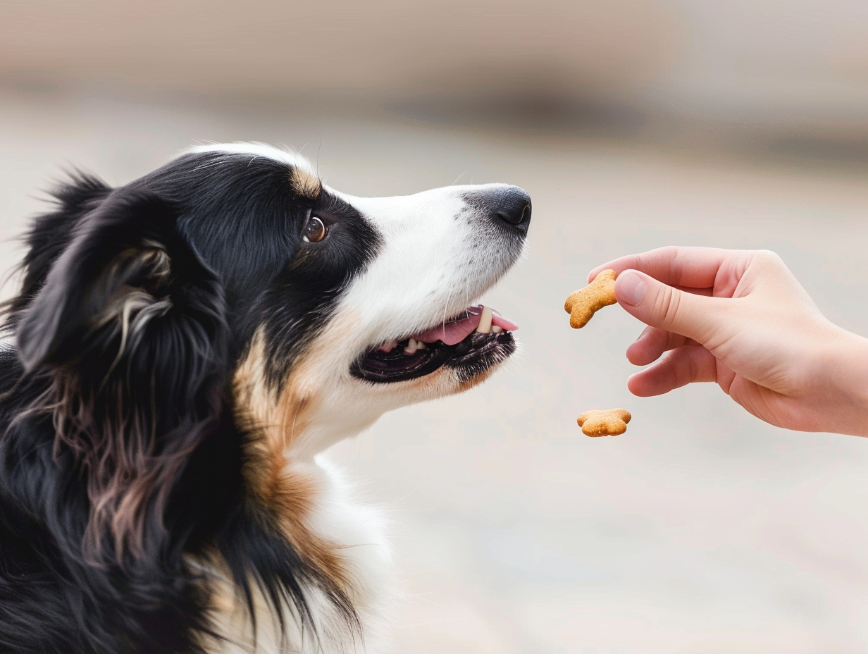 a photo of a person giving a dog treats during training