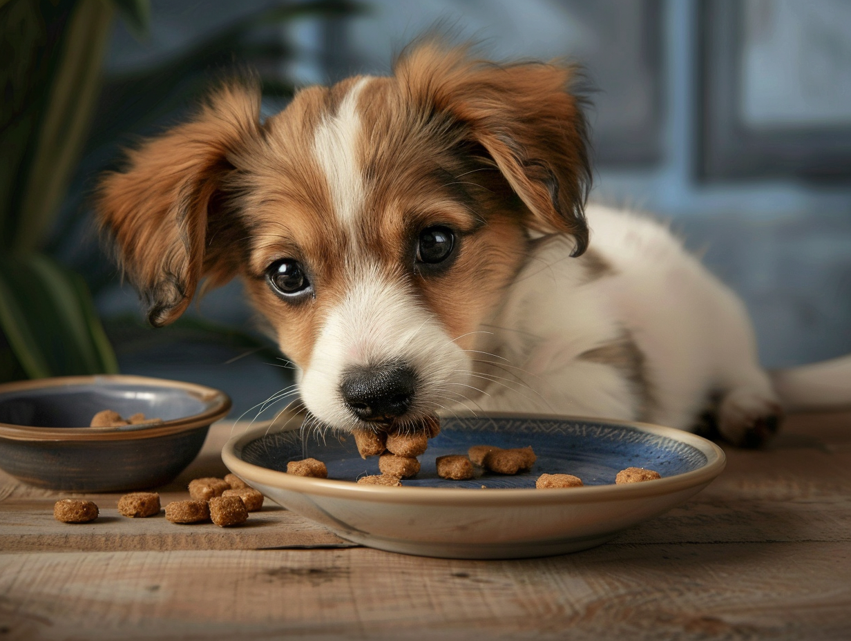 a photo of a puppy eating dog food feverishly