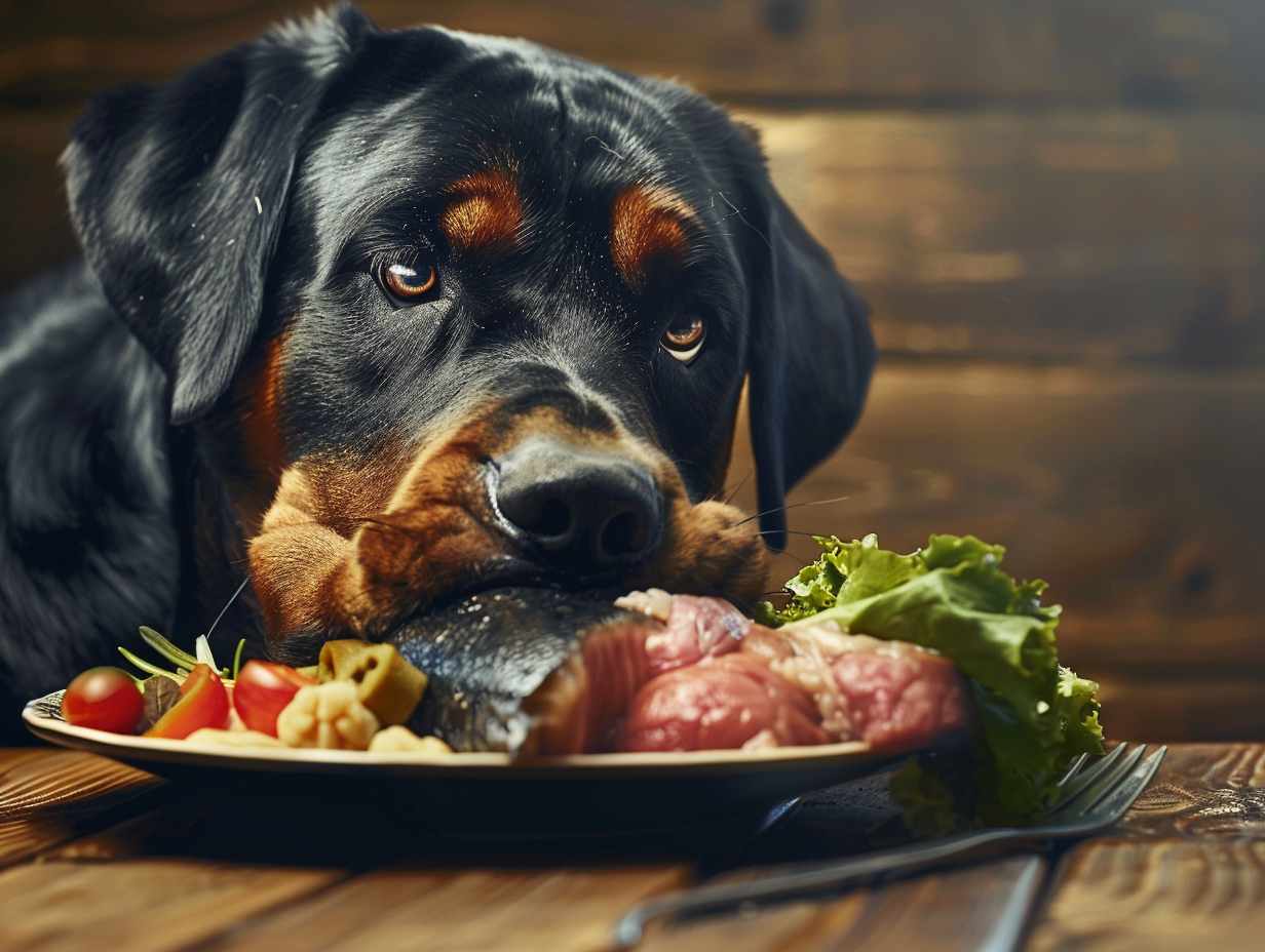 a photo of a rottweiler eating a plate of food that is high in iron