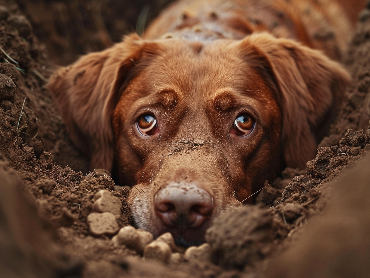 a photograph of a dog laying in dirt after it buries its food