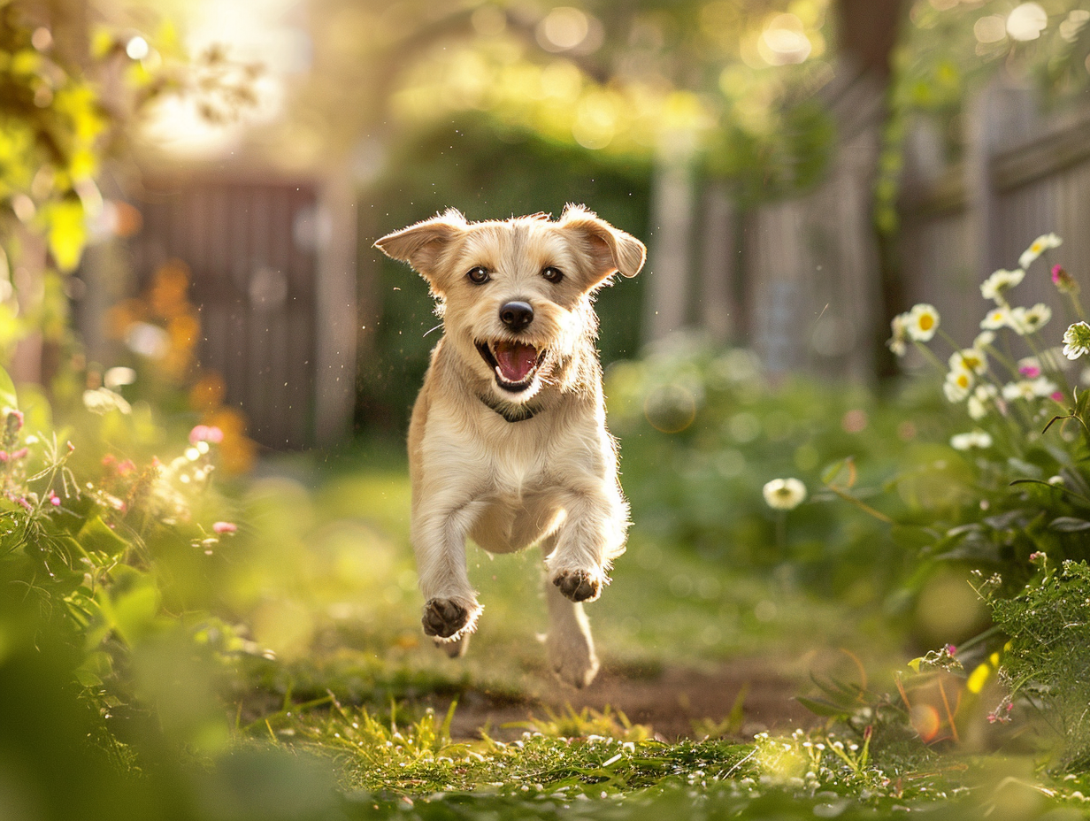 photo dog playing in the yard