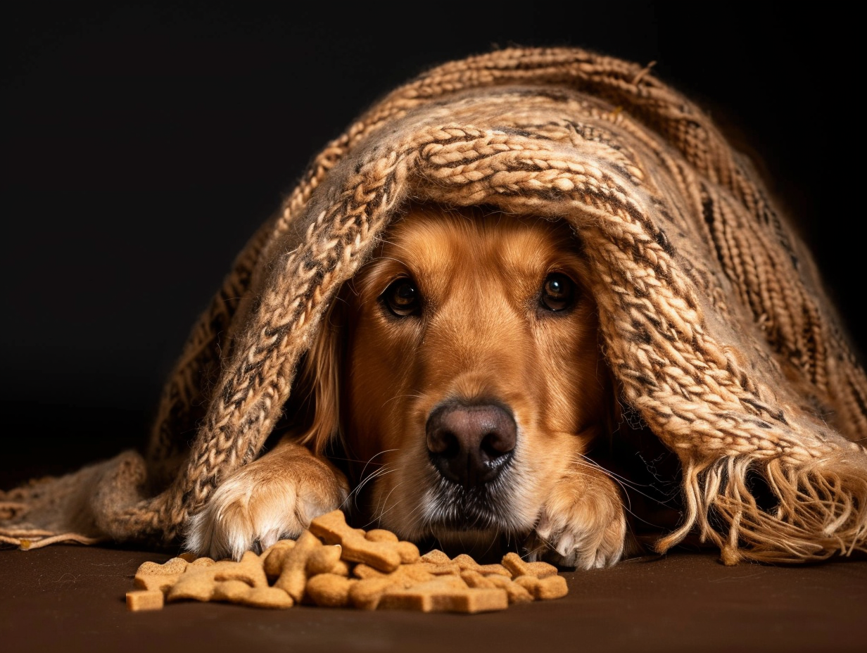 photo of a dog covered in a blanket with food in front of him