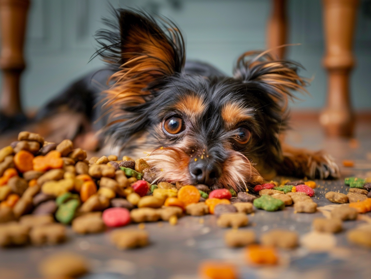 photo of a dog feverishly eating dog food