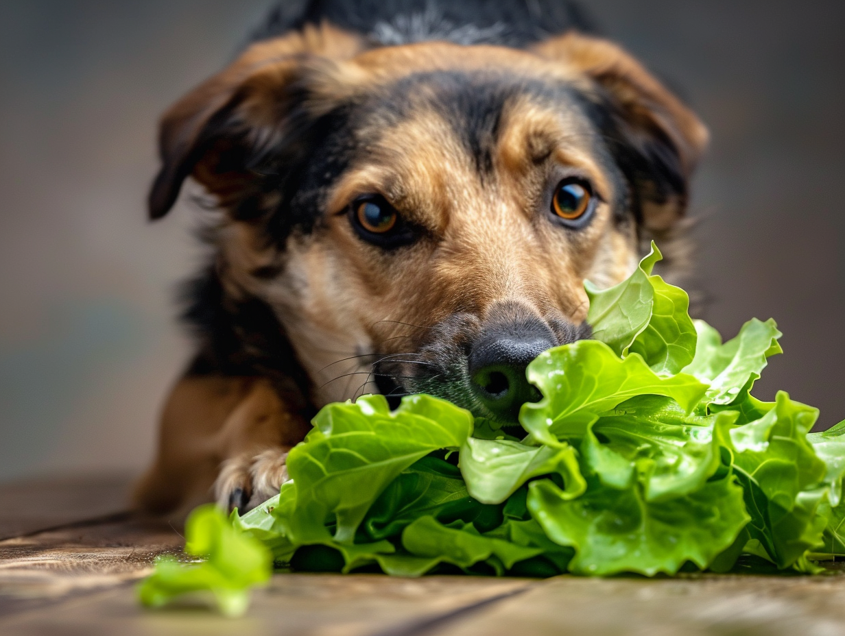 a photo of a dog pondering eating a head of lettuce as a snack