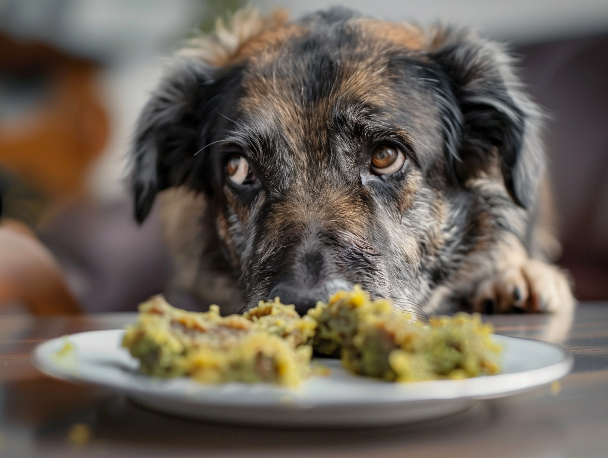 photo of a dog thinking about eating moldy food
