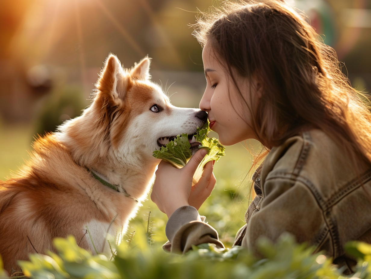 photo of a woman feeding a dog eating lettuce
