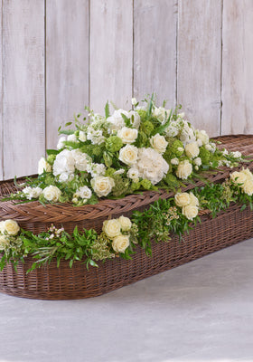 Image of White Casket Spray with Rose & Foliage Garland