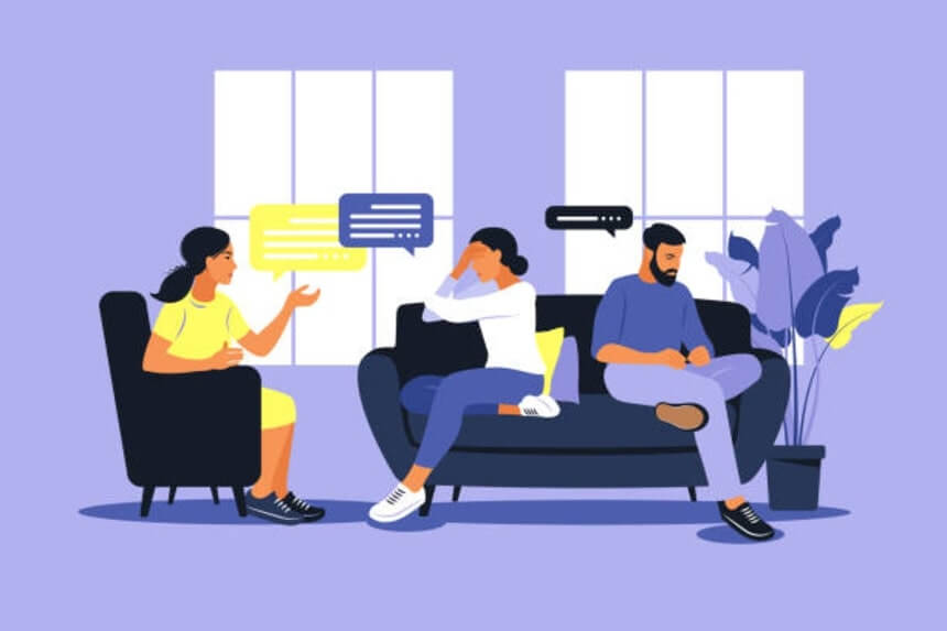 Family therapy and counselling. Woman psychotherapist support couple with psychological problems. Family psychotherapy session. Conversation with a psychologist.