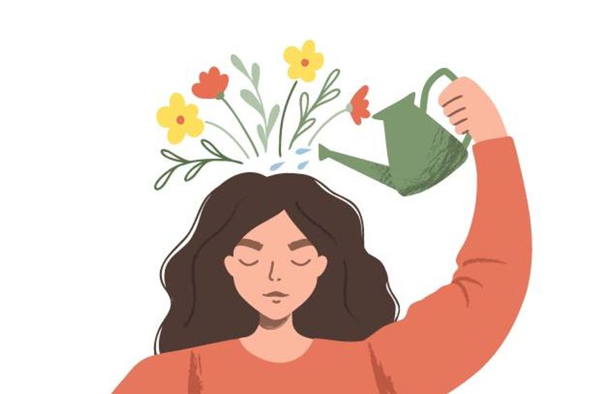 Thinking positve as a mindset. Woman watering plants that symbolize happy thoughts. Flat vector illustration