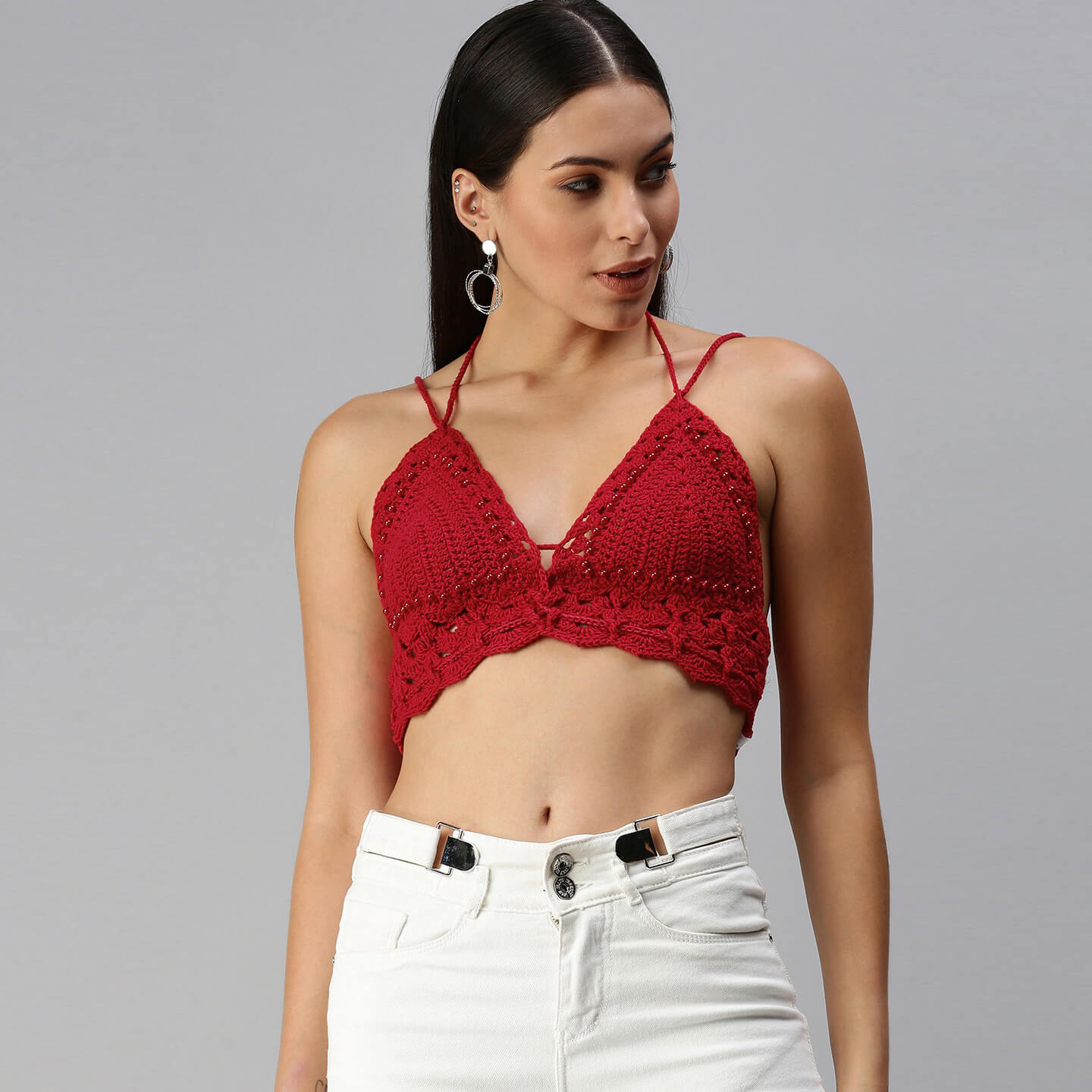 Cotton Halter Neck Bralette Crop Top - Maroon 2951