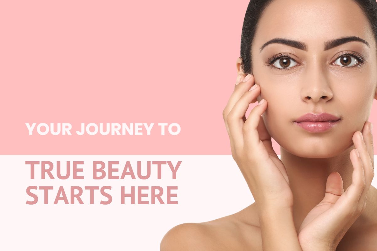 Image of a beautiful woman with healthy, glowing skin and well-manicured nails. She exudes confidence and radiance. The text overlay says, "Your Journey to True Beauty Starts Here."