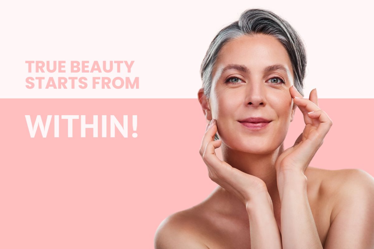 Image of a beautiful woman with clear, glowing skin and strong, healthy nails. She emanates confidence and vitality. The text overlay reads, "Beauty Starts from Within."