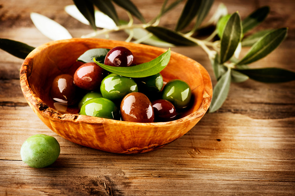 Alentejo olives in an olive wood bowl