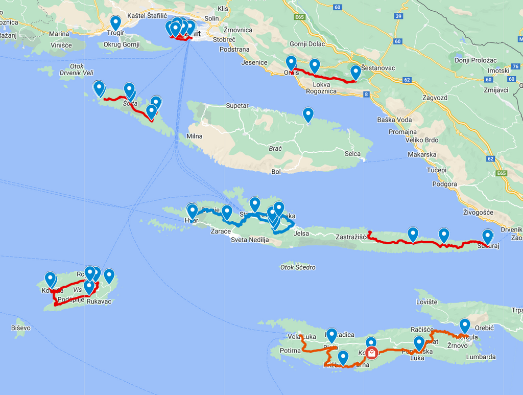 Croatia southern islands bike tour map