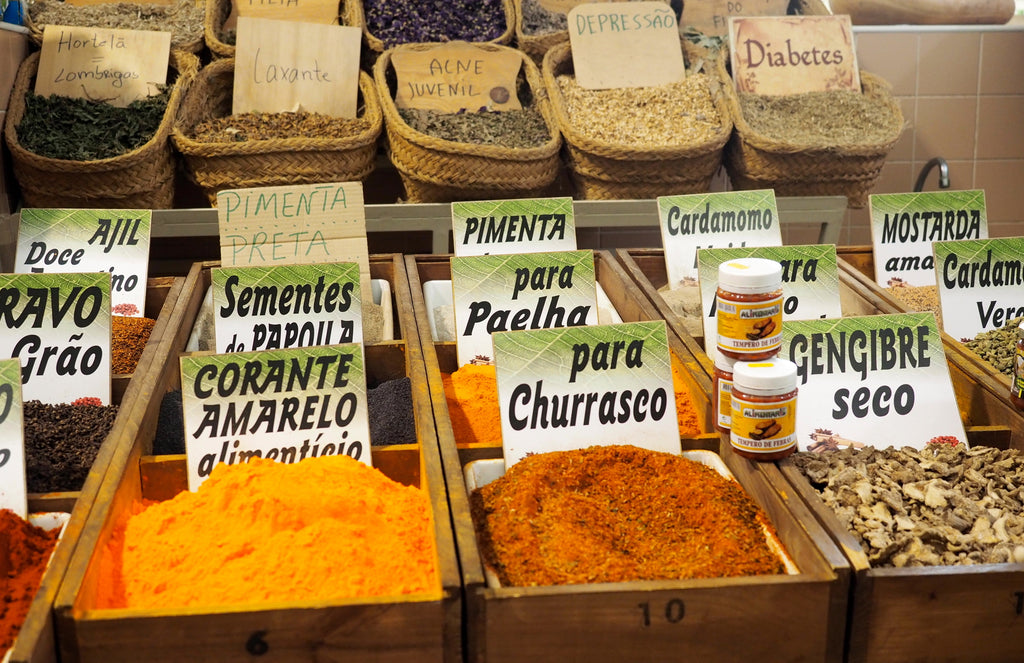 Spices in boxes in a Moorish market in Portugal