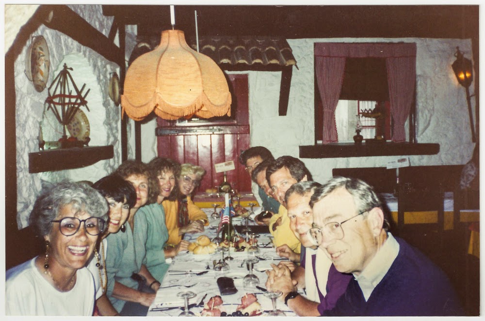 Group dinner in an old CTTC Bike Tours photograph from the 1980s